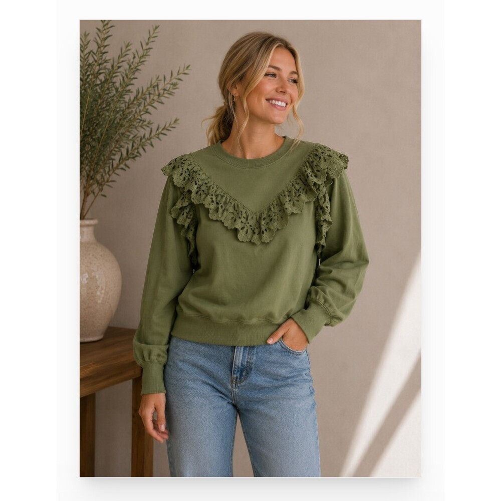 Crosby By Mollie Burch Ollie Shirt Womens XS Green Ruffle Eyelet Sweatshirt Top